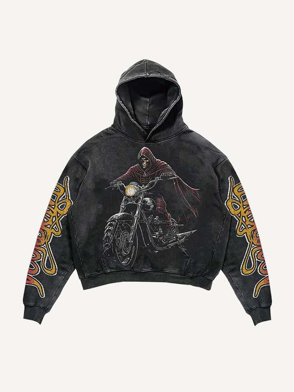 Skeleton&Motorcycle&Letter Print Slant Pockets Hoodie
