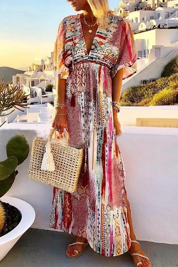 Womens Retro Tribal Embroidery V Neck Dress-Allyzone-Allyzone