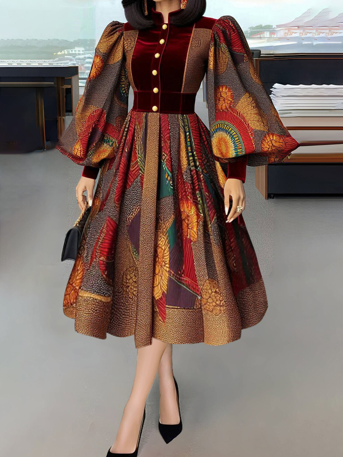 Ethnic Print Stand Collar Button Lantern Sleeve Velvet Midi Dress