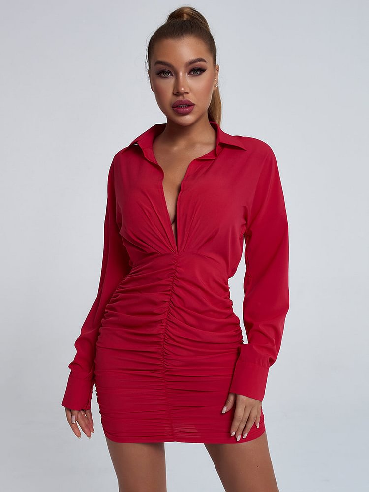 Red V Neck Pleated Shirt Dress