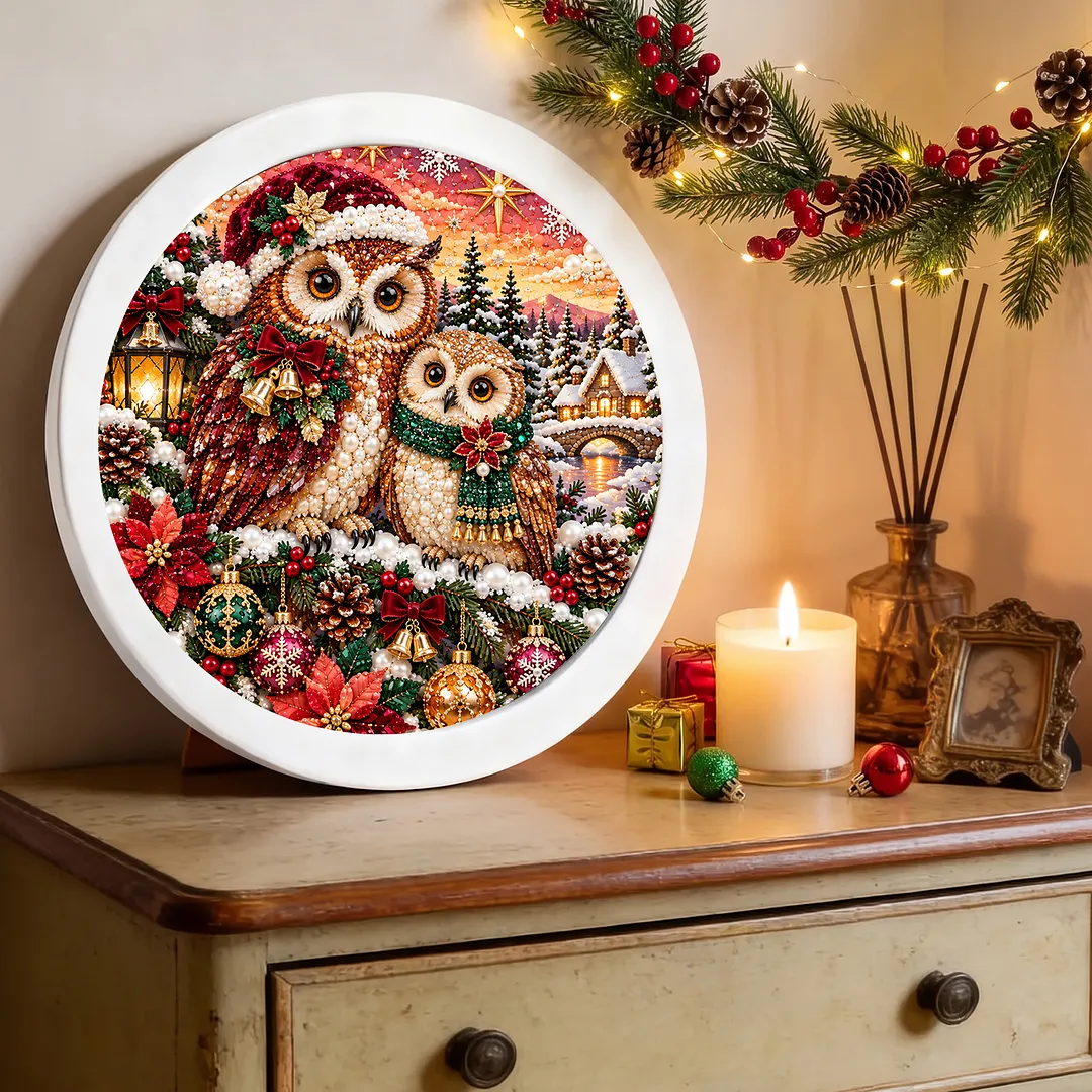 Framed Diamond Painting Christmas Owl Snowman 7.87x7.87in