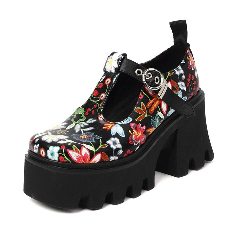 Gdgydh High Quality T-strap Women Shoes Hoof Heels Mixed Color Platform Pumps Flower Vintage Gothic Style Sponge Cake Bottom