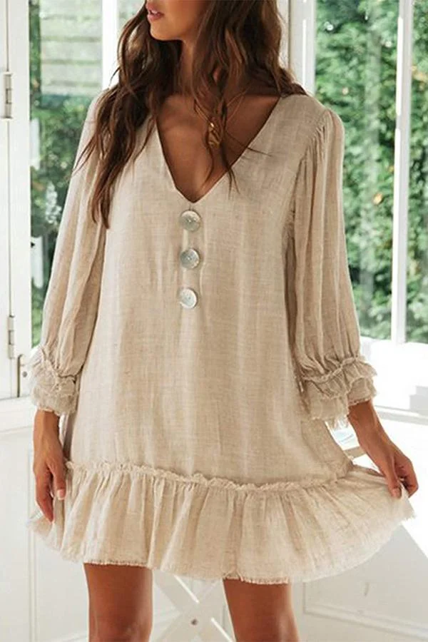 Womens Sweet Ruffle Sleeve V Neck Lacy Dress-Allyzone-Allyzone