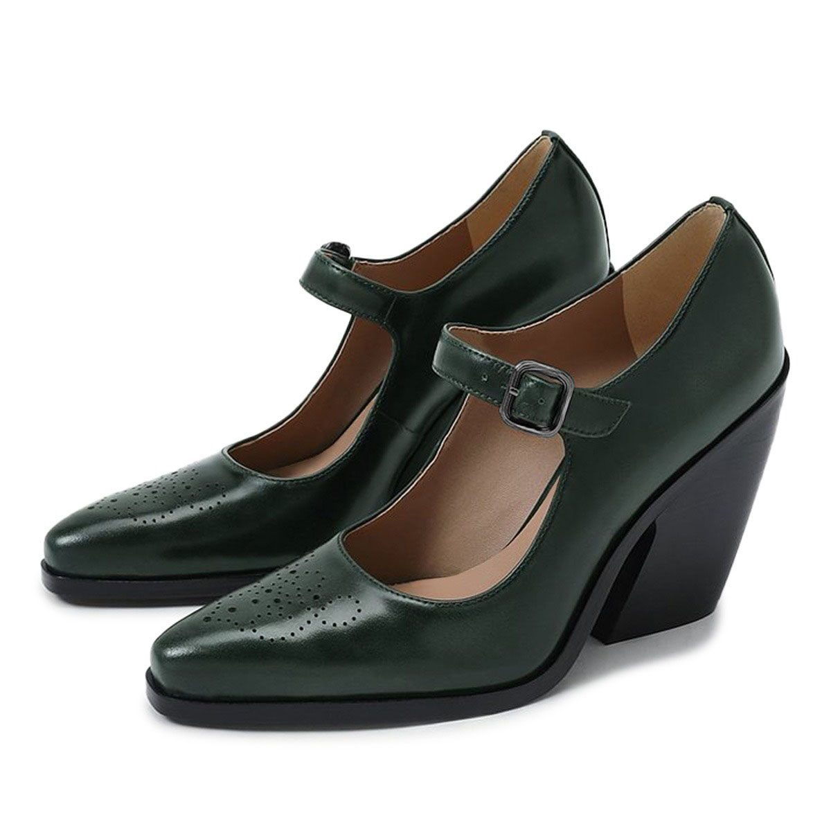 Women's Elegant Green Perforated Closed Toe Mary Jane Shoes Heels Nicepairs