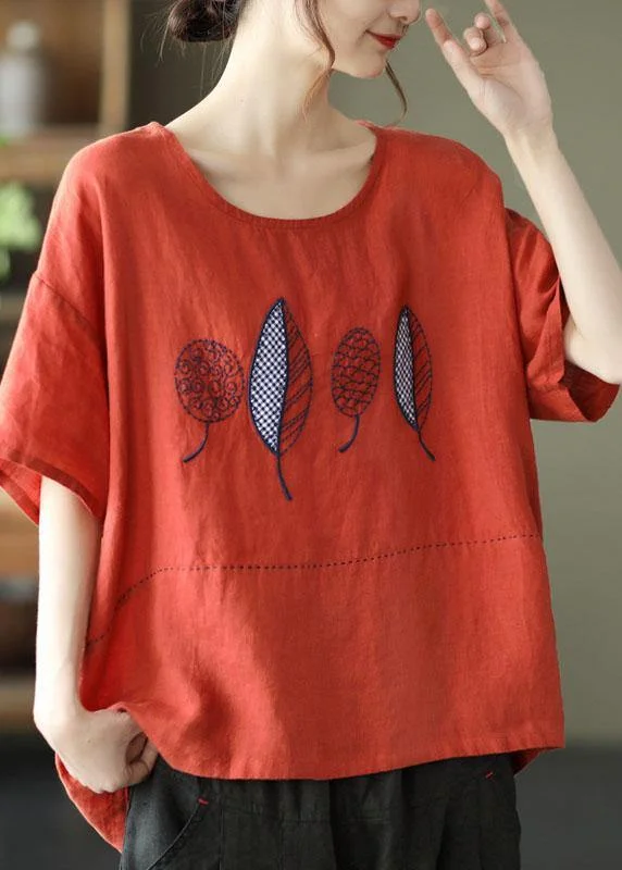 French Red Summer O-Neck Embroideried Linen Half Sleeve T Shirt