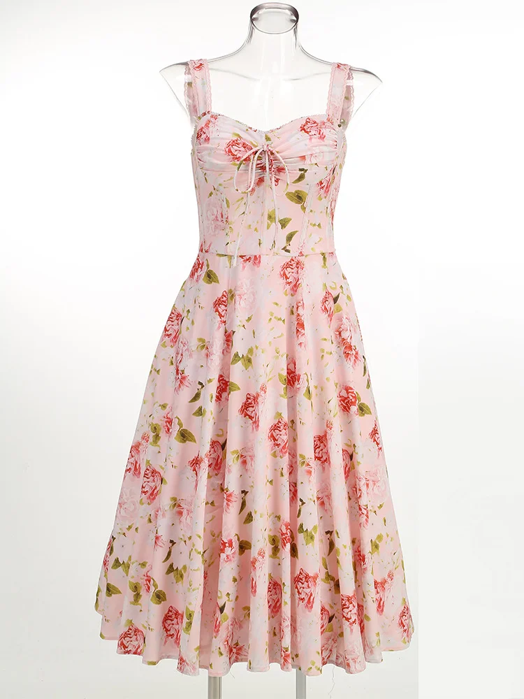 Woherb Hot Sale Of New Sexy Slings Print Dress Mid-Length Dress High-End Temperament Thin Tie Dress Dress Dress Dress
