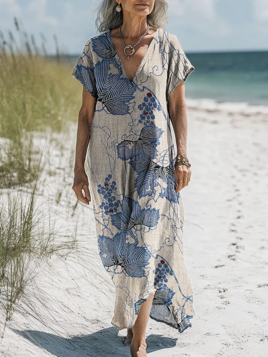 Women's Grape Art Print Pocket Cotton Dress