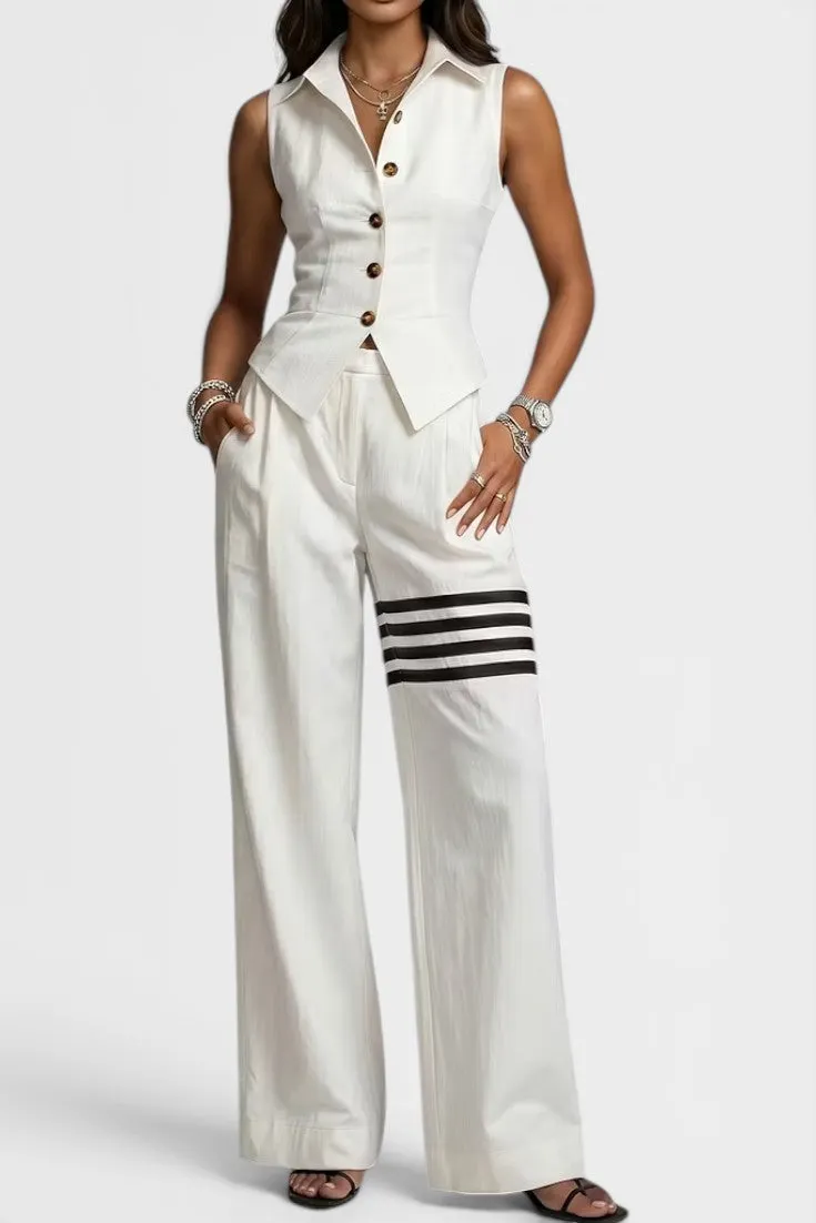 Structured Sleeveless Blazer with Striped Wide-Leg Trousers