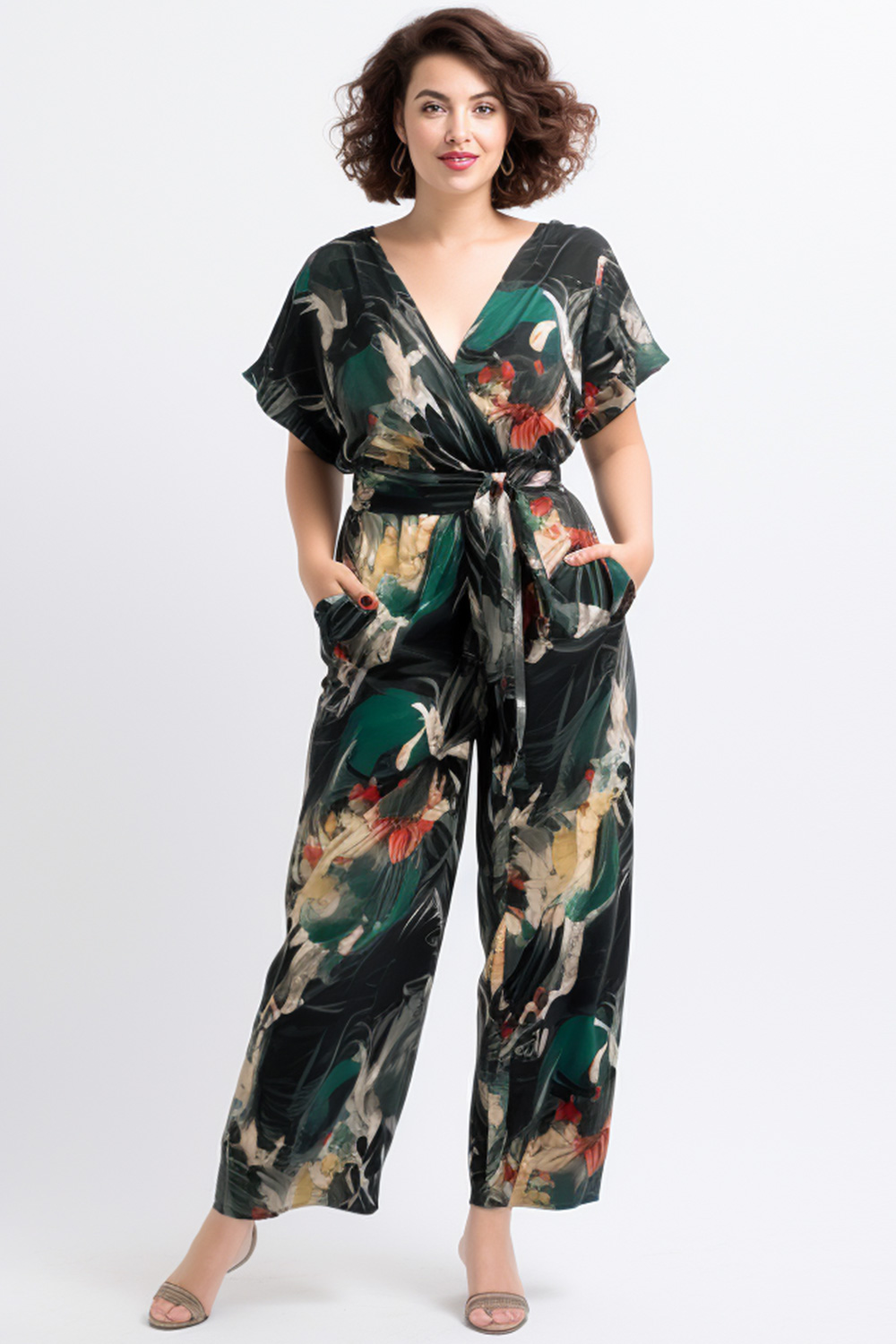 Flycurvy Plus Size Black Everyday Pocket Wrap Graphic Print Jumpsuit 2024 - Flycurvy 