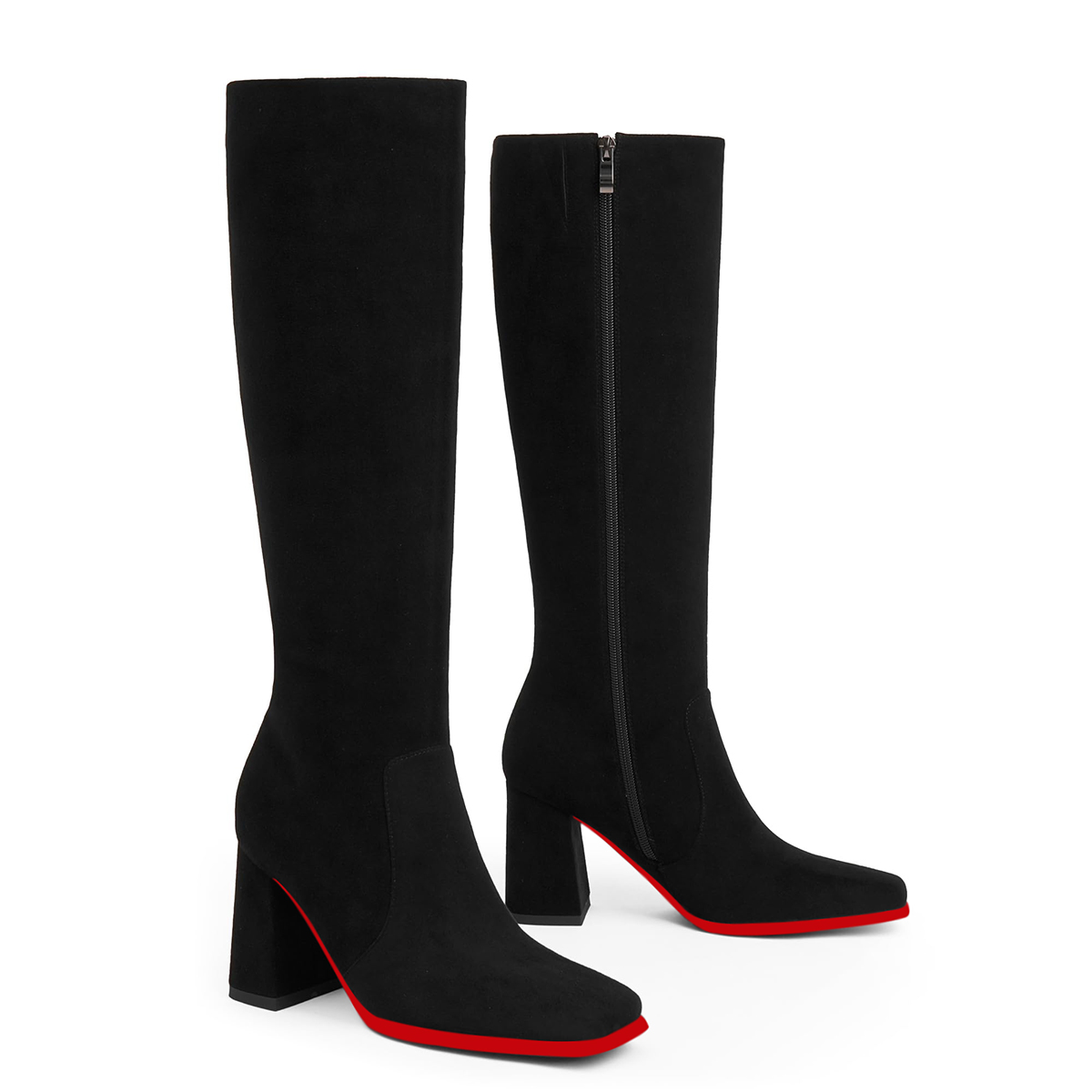 95mm Women's Knee Boots Red Bottom Block Chunky Heels Zipper Fashion Sexy Daily Matte Boot-MERUMOTE