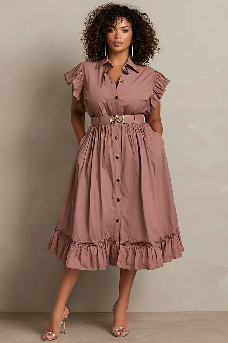 Xpluswear Design Plus Size Business Casual Pink Shirt Collar Flutter Sleeve Ruffle Pocket Midi Dresses [Pre-Order] 2024 - Xpluswear