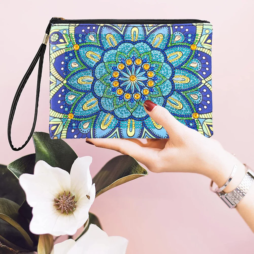 DIY Mandala Diamond Art Cosmetic Bag Flowers Single Sided PU Women Clutch