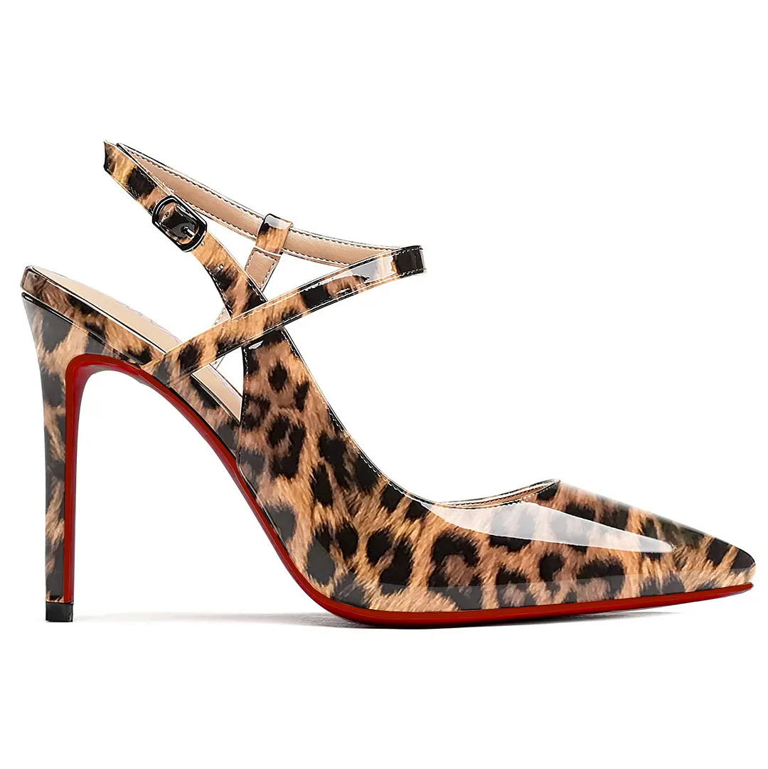 100mm Women Slingback Patent Pumps Ankle Strap Jenlove Stiletto Mid Heel Close Pointed Toe Dress Red Bottoms Shoes