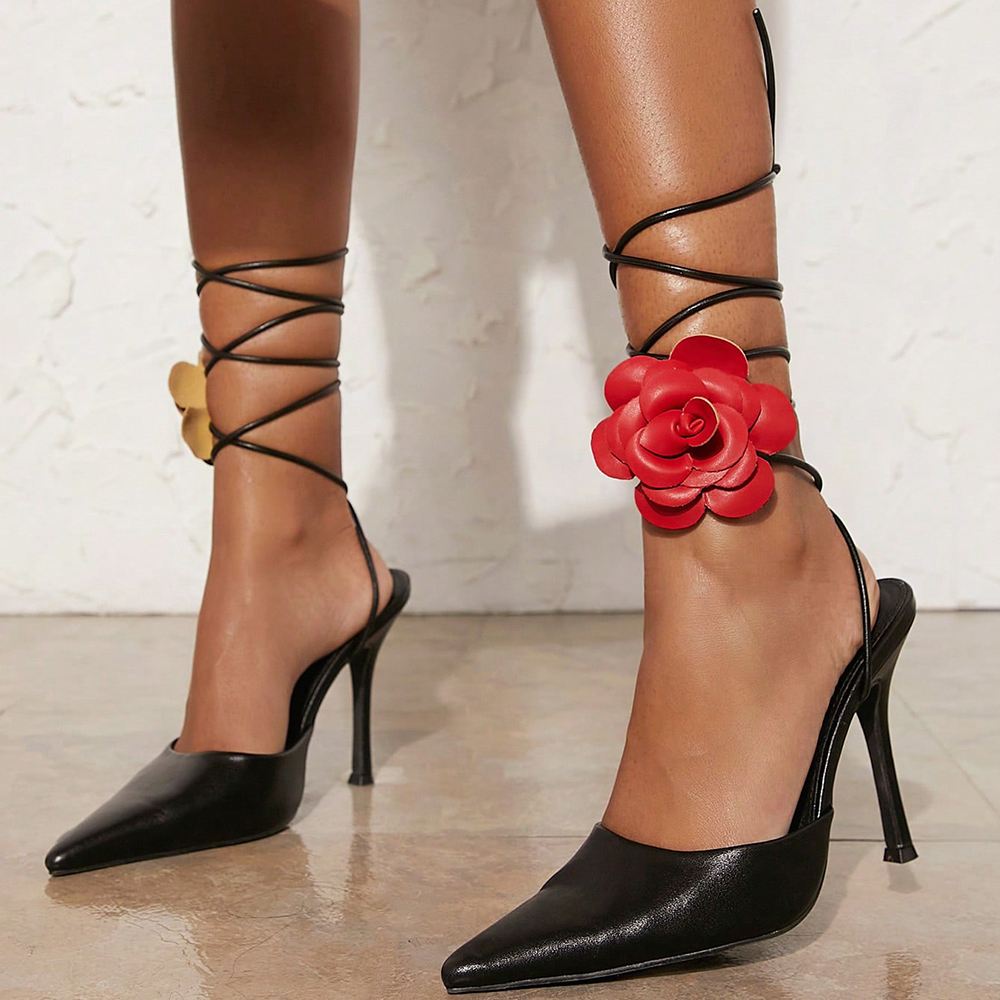Black & Red Closed Pointed Toe Stiletto Heel Lace Up Pumps Nicepairs