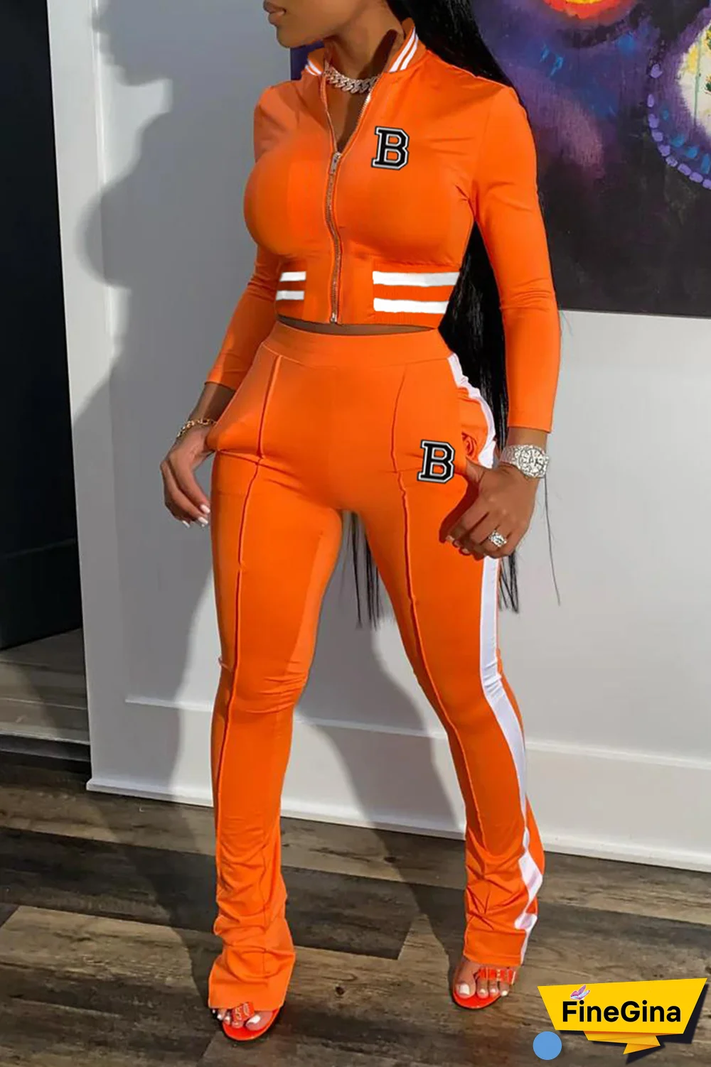 Black Street Print Patchwork Mandarin Collar Long Sleeve Two Pieces