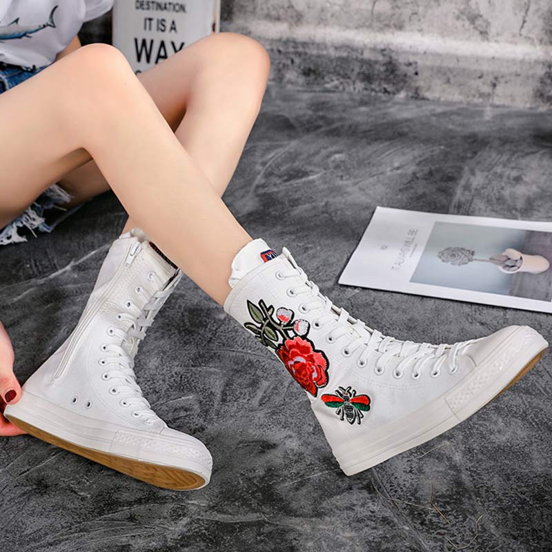 Vintage Blossom Embroidery Lace Up Zipper High Top Canvas Shoes - Modakawa modakawa