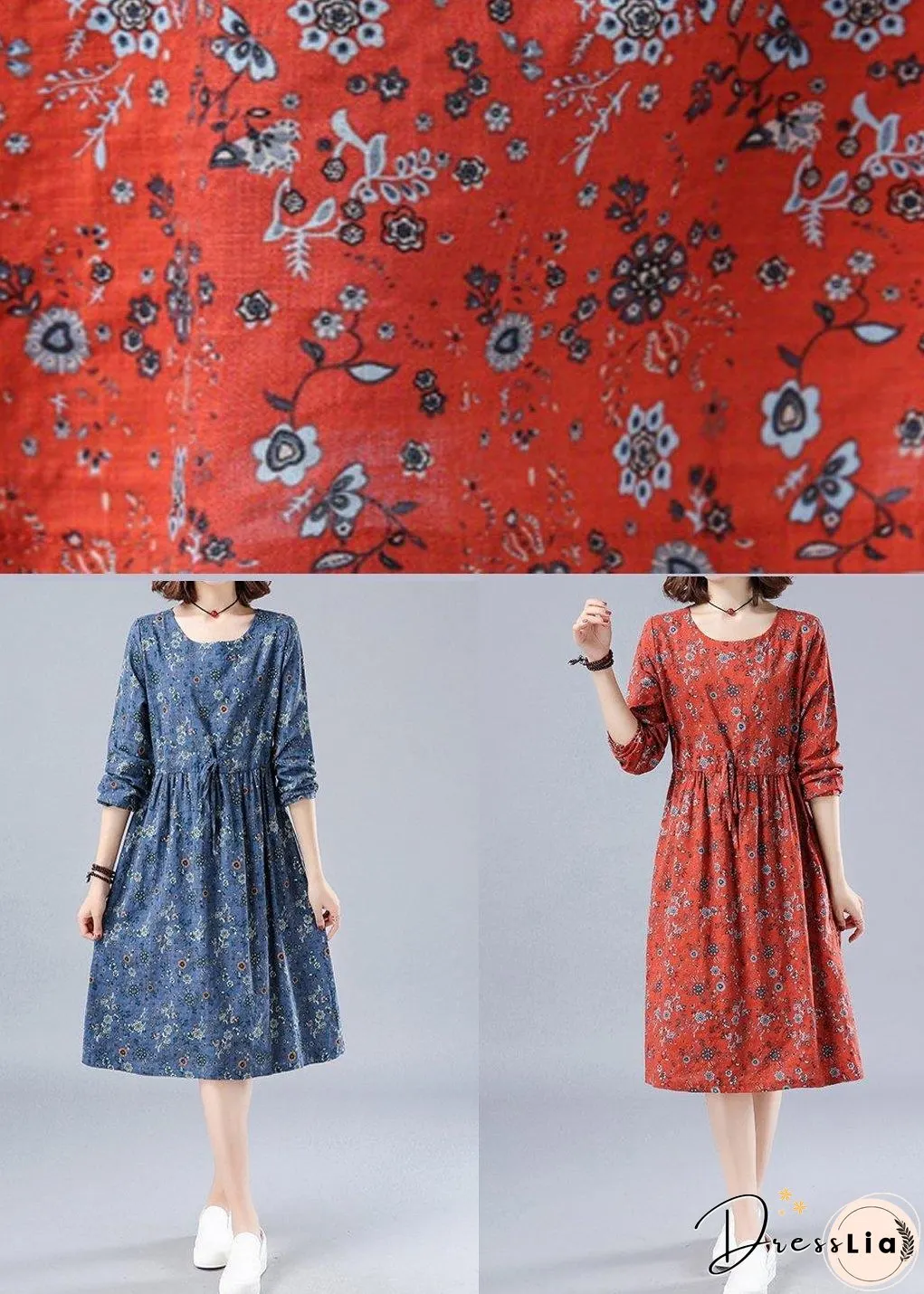 French O Neck Drawstring Spring Dresses Wardrobes Blue Print Dress