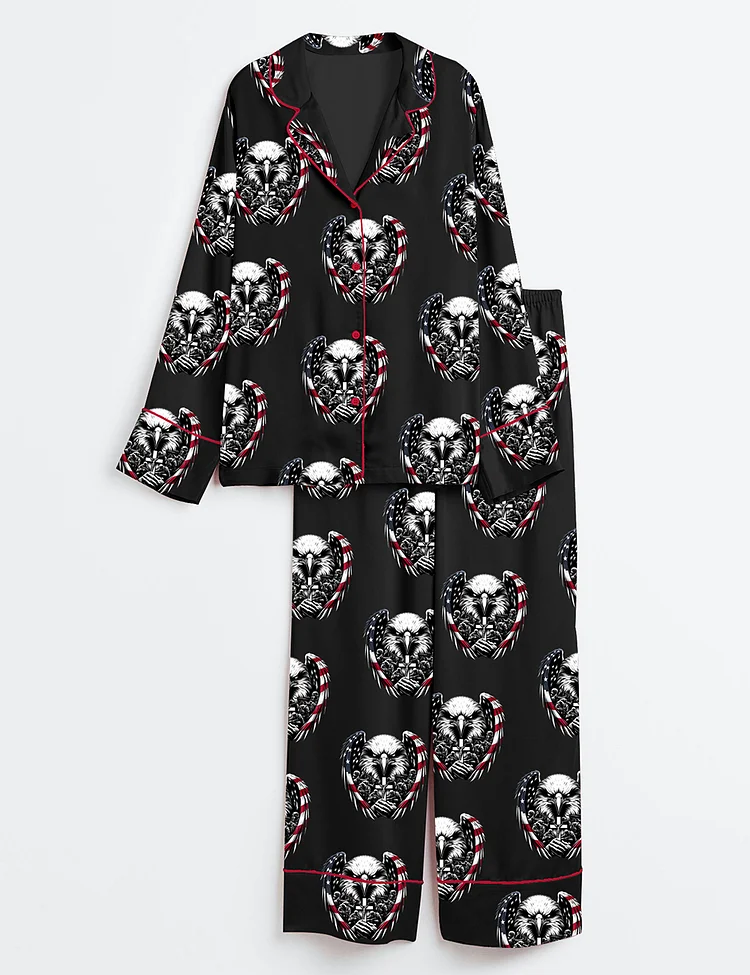 Women&rsquo;s American Flag Eagle 4th Of July  Eagle Through Flag Memorial Day Print Long Sleeve Satin Pajama Set