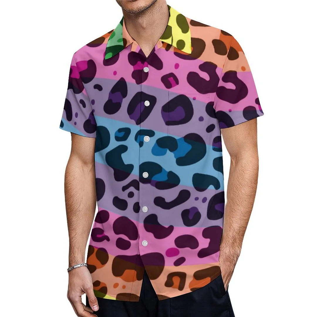 Colorful Rainbow Leopard Print Animal Hawaiian Shirt Mens Button Down Plus Size Tropical Hawaii Beach Shirts