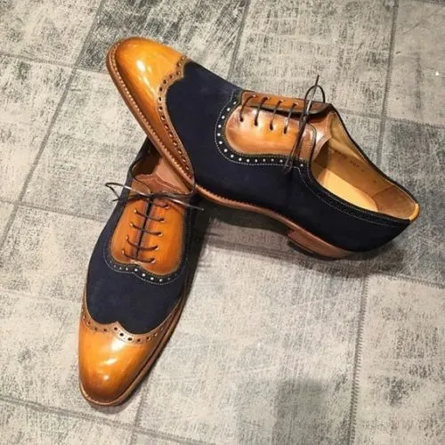 New Handmade Men Classic Brogue Style Wing Tip Leather Suede Dress Shoes