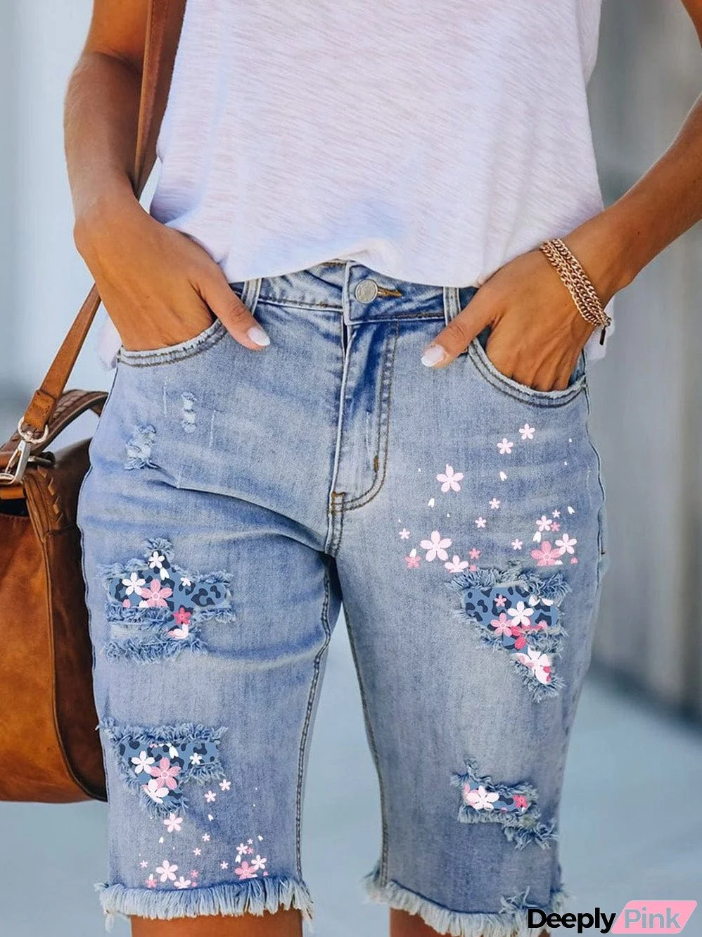 Blue Floral Leopard Print Distressed Denim Bermuda Shorts