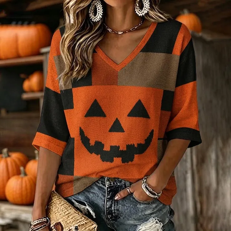 Women's Vintage Patchwork Halloween Pumpkin Face Art Printed Mid-length Sleeves V-neck T-shirt