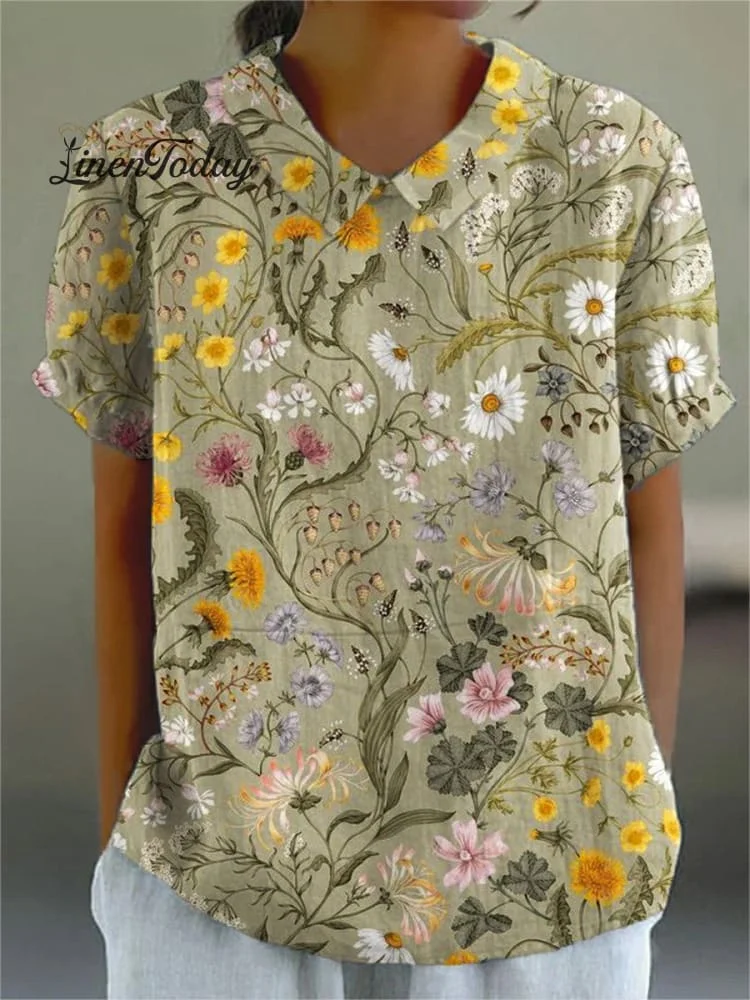 Women's   Flower Art Print Casual Cotton And Linen Shirt