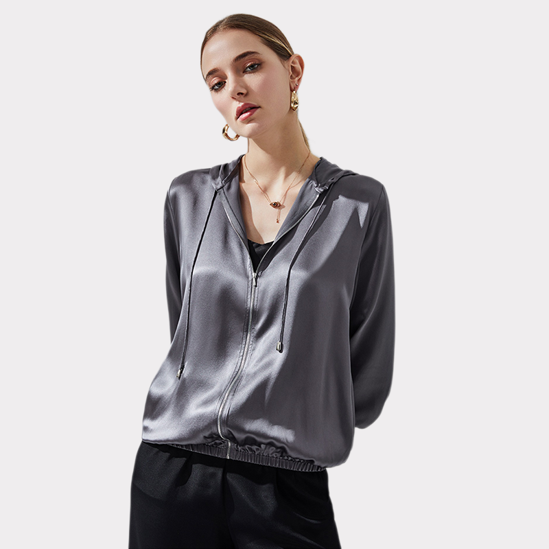 Women's Gray Silk Hooded Jacket REAL SILK LIFE