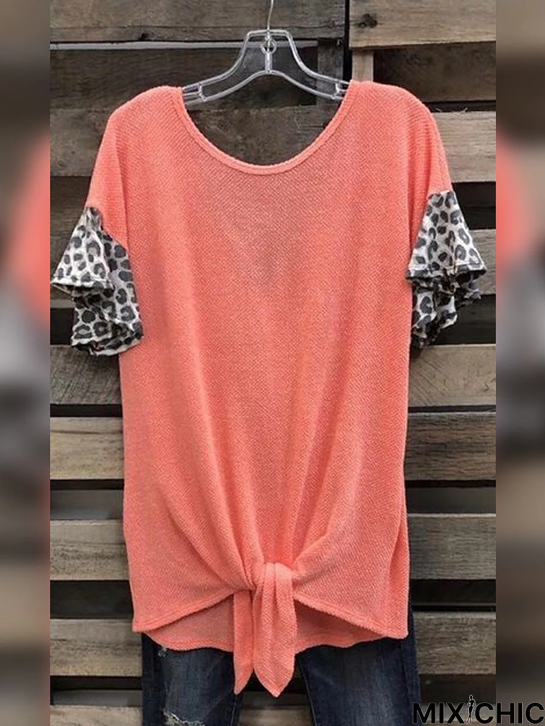 Leopard  Short Sleeve  Drawcord  Cotton-blend Crew Neck Casual  Summer  Orange Top