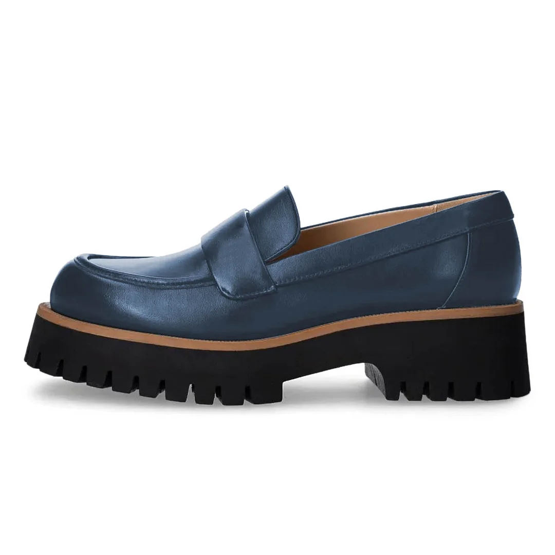 Navy Round Toe Office Shoes Platform Loafers with Chunky Heels