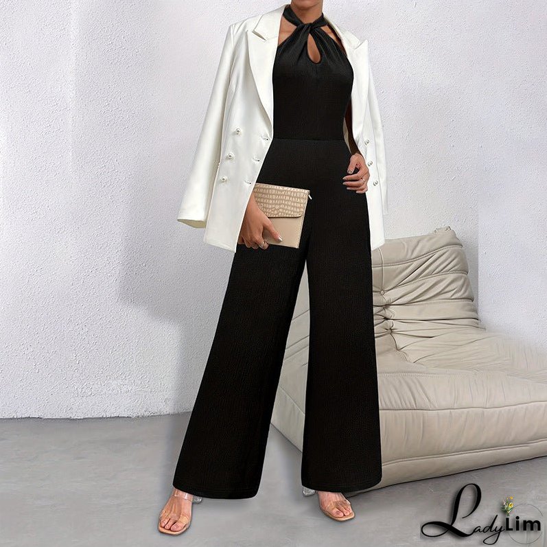 Elegant Solid Color Halter Sleeveless Long Jumpsuit - Commuter Style