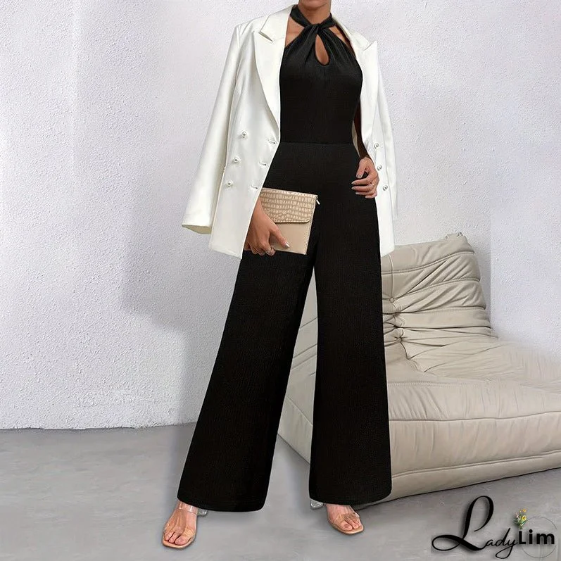 Elegant Solid Color Halter Sleeveless Long Jumpsuit - Commuter Style