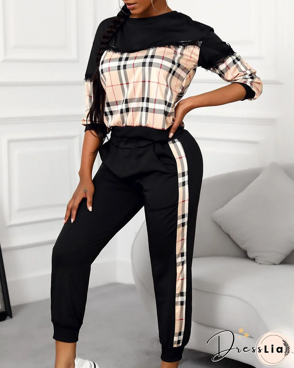 Plaid Fringe Hem Long Sleeve Top & Pocket Pants Set P13919