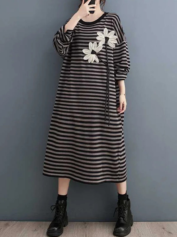 Contrast Color Flower Print Keep Warm Striped A-line Long Sleeves Round-neck Midi Dresses