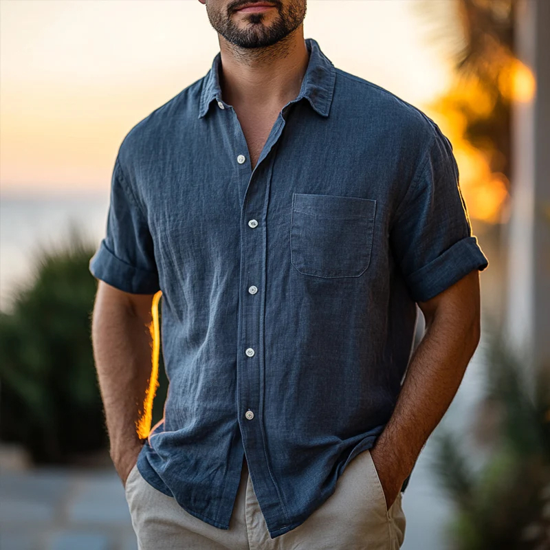 Men's Stylish Solid Loose Lapel Short Sleeve Shirt