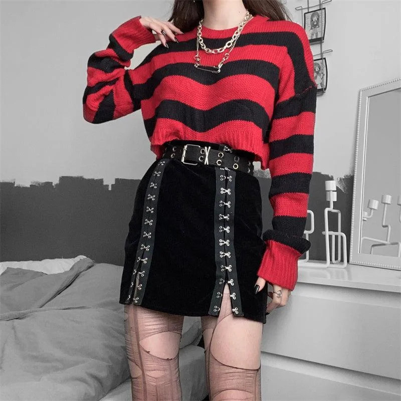 Red and Black Striped Sweater - GothBB 2022 free shipping available