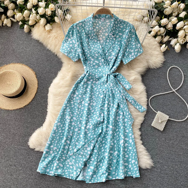Croysier Dresses For Women 2021 Elegant Notch Lapel Belted Midi Dress Vintage Print Short Sleeve Buttoned Casual Summer Dress