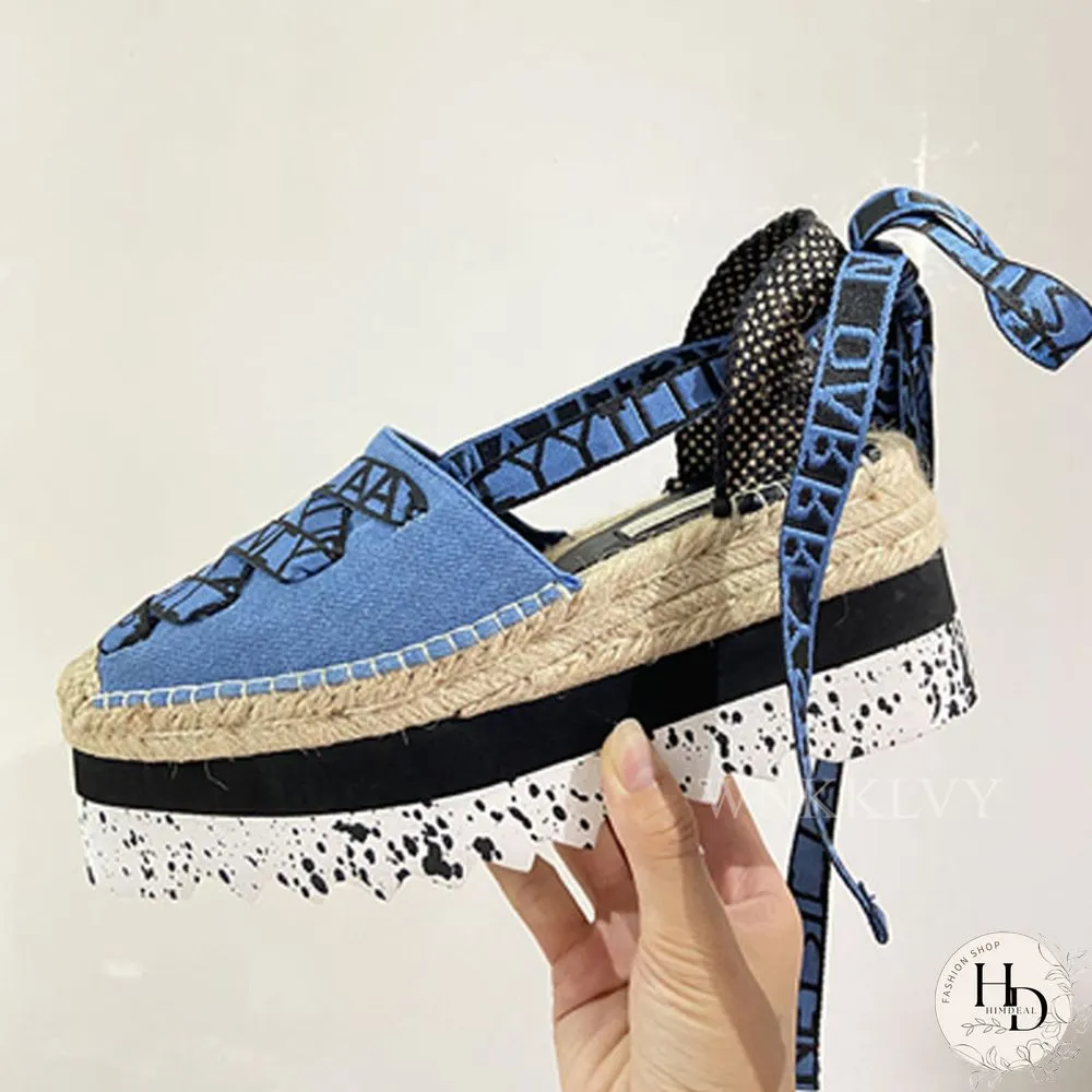 Flat Platform Denim Cloth Sandals Women Thick Sole Mixed Color Ankle Strappy Sandalias