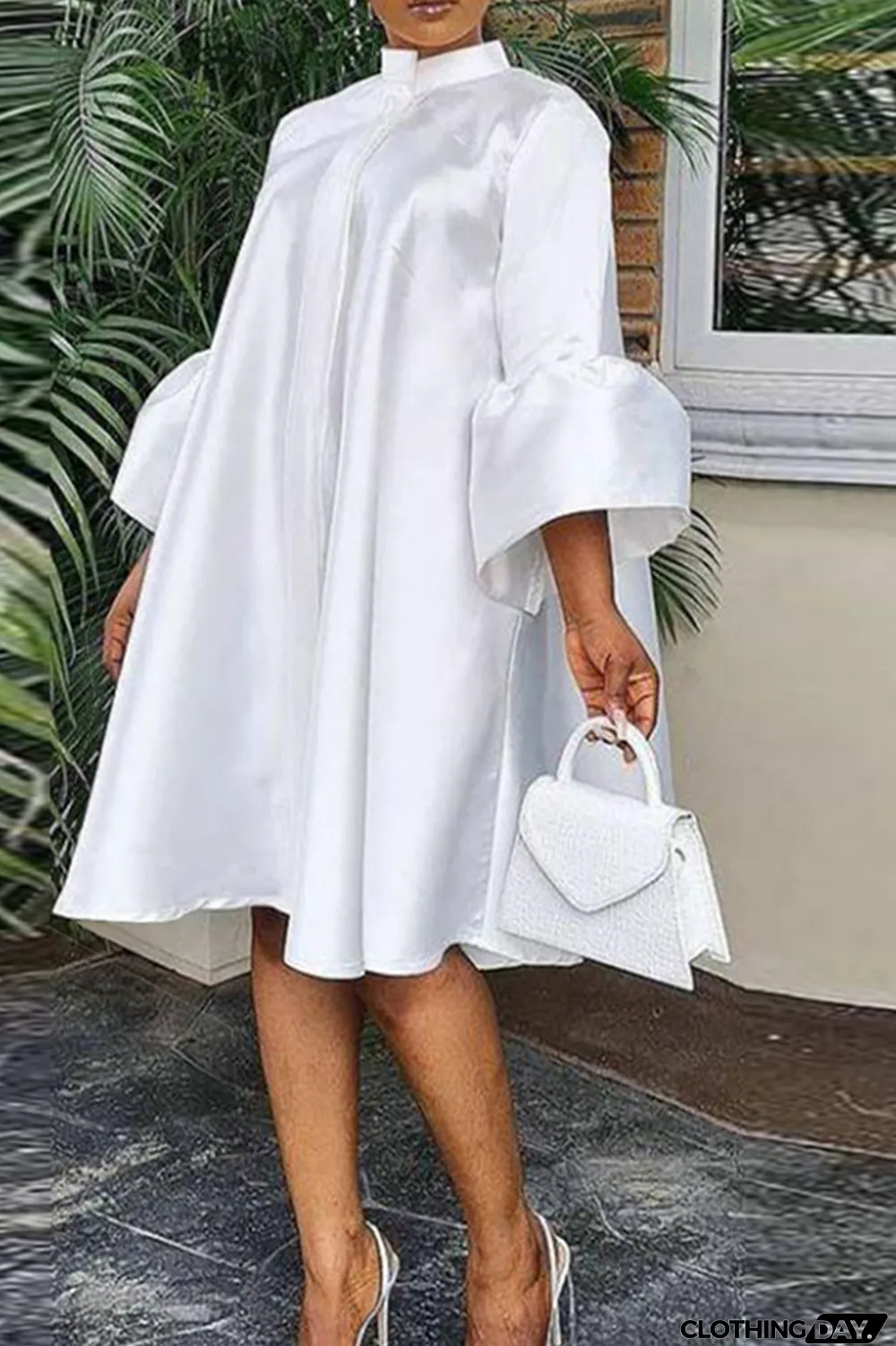 White Casual Solid Flounce O Neck Cake Skirt Dresses