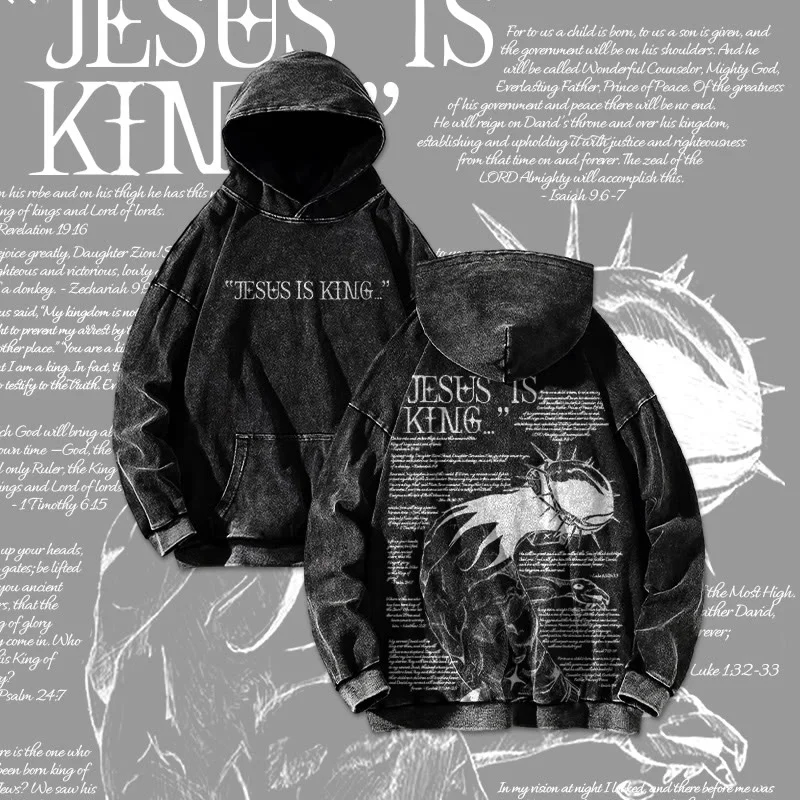 Unisex Jesus Is King Craetive Printed Washed Hoodie 