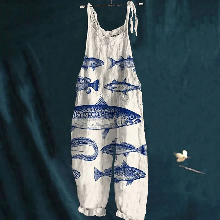 Comstylish Women'S Vintage Fish Art Print Linen Blend Loose Fit Comfy Jumpsuit