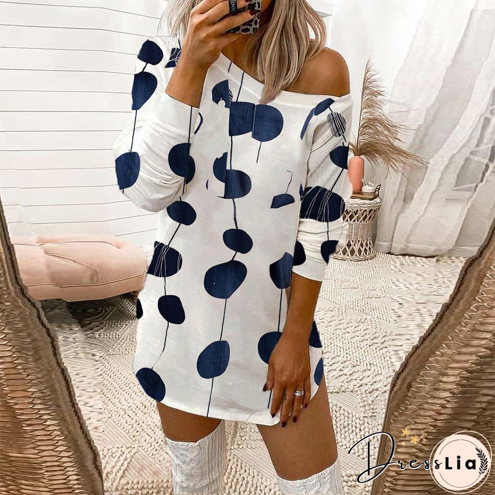 Sexy Leopard Print Off Shoulder Long Sleeve T-shirt Dress Women White Dresses