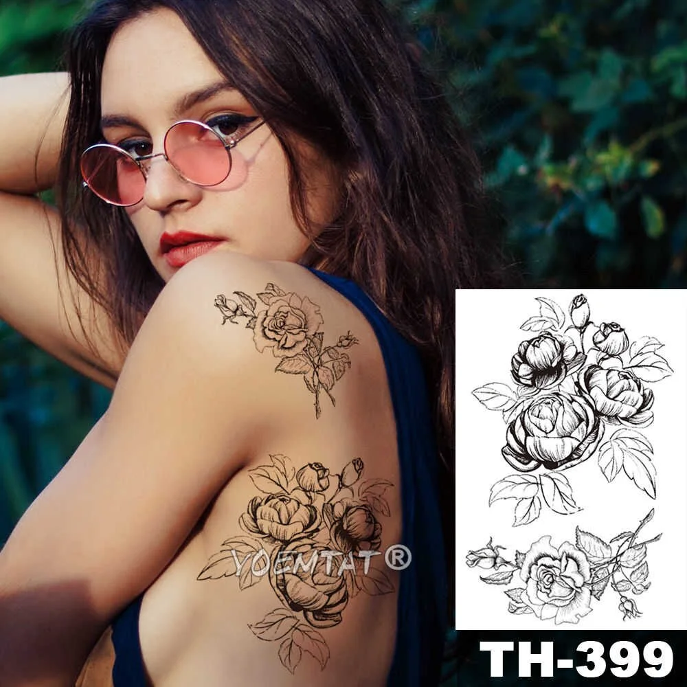 Heart shaped Clock Jewel Rose Waterproof Temporary Tattoo Sticker Black Arm Back Flowers Big Tatto Body Art Fake Tatoo For Women