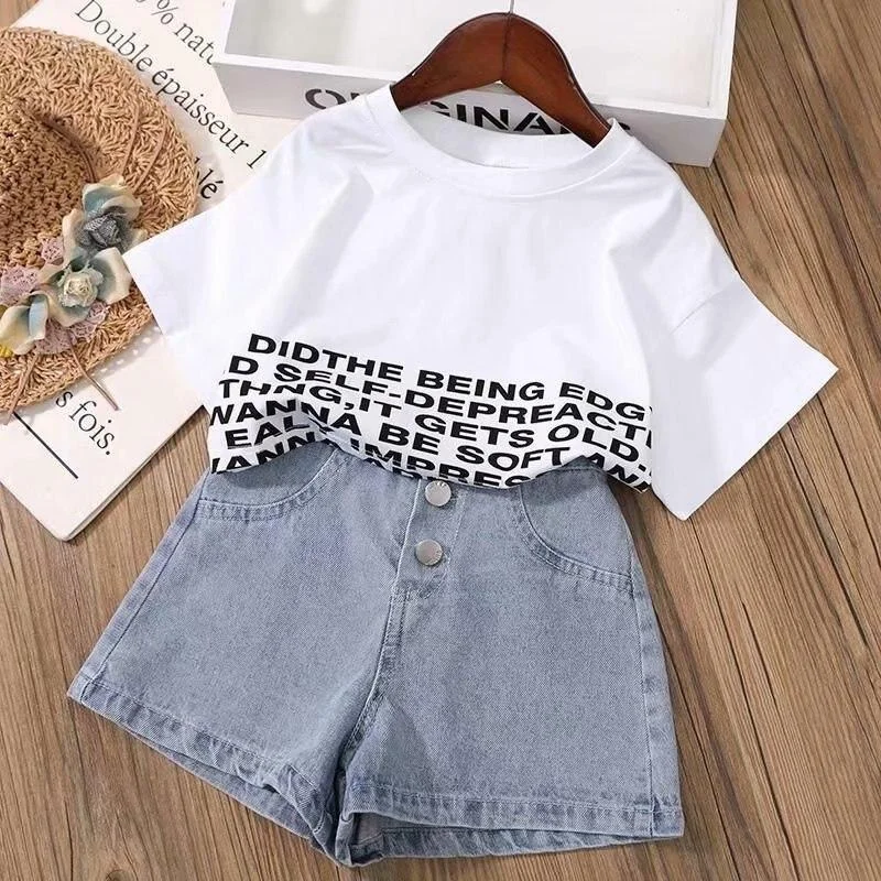 New Kids Girls Clothes Set Summer Girl Crop Tops T-shirt + Denim shorts 2pcs Girl Outfits Baby Girls Clothing 4 5 710 to 12 year