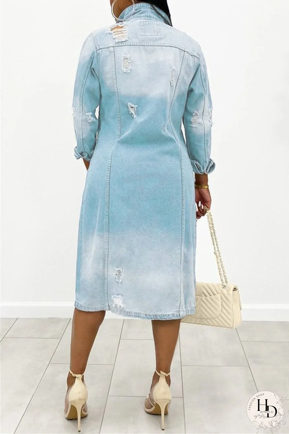 Deep Blue Casual Solid Ripped Patchwork Turndown Collar Long Sleeve Regular Denim Jacket