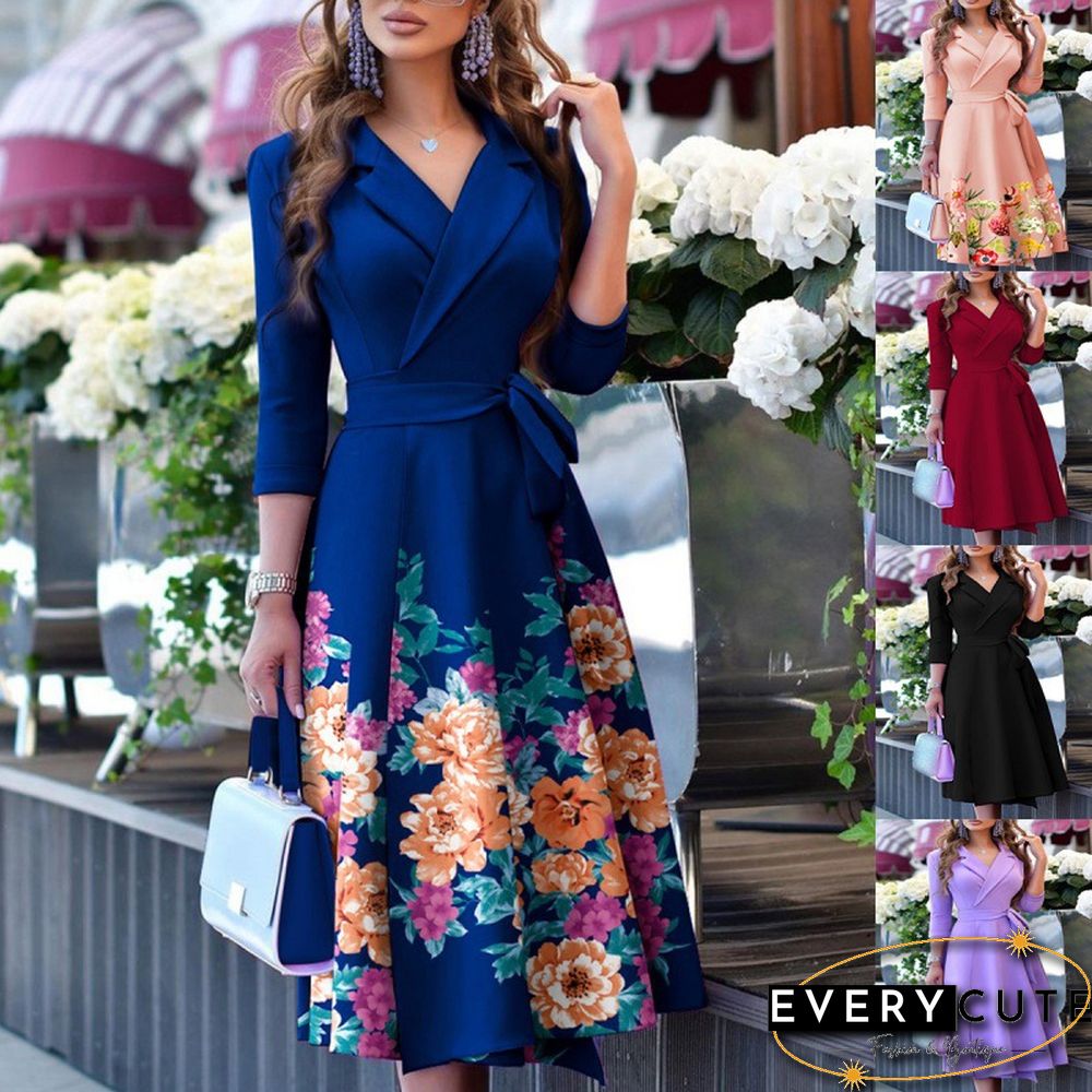 New European And American Style V-neck Fashion Strap Waist Closed Middle Sleeve Dress Vestido Feminino