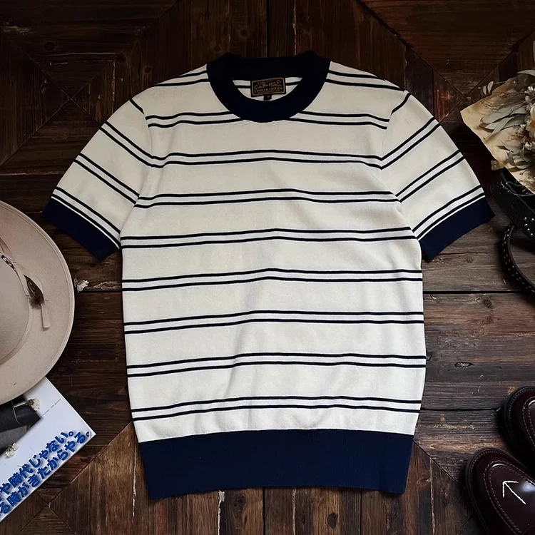 Vintage Cotton Classic Sea Soul Striped Round Neck Short-Sleeved T-Shirt
