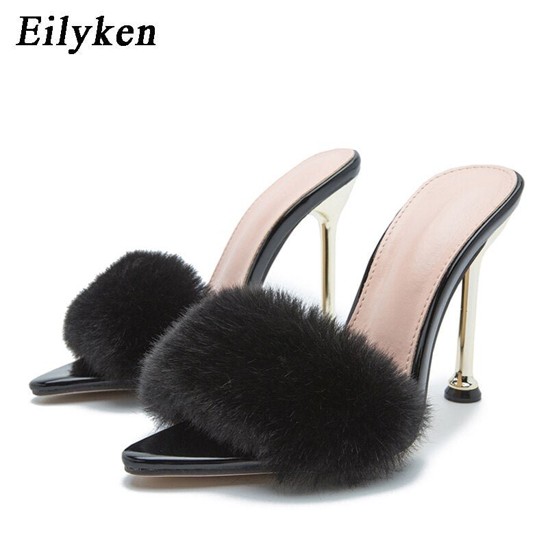  New Summer Sexy Pointed Toe Fluffy Slippers Ladies Sandals Fashion Design Stiletto Heels Women Mules Shoes Fur Slides