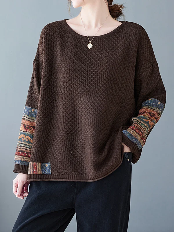 Split-Joint Printed Loose Long Sleeves Round-Neck Sweater Tops Pullovers