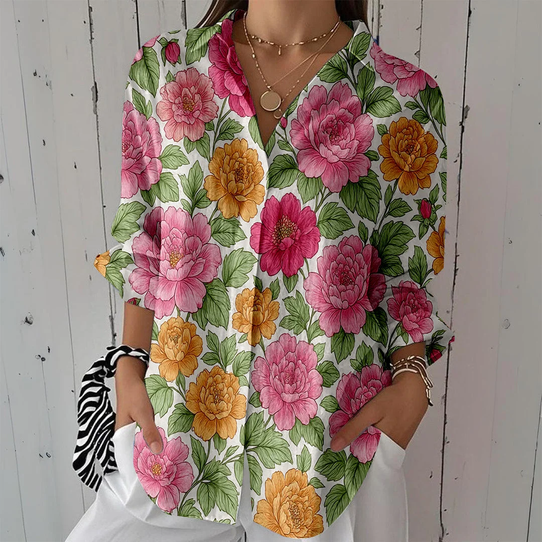 Style & Comfort for Mature Women Women Floral, Green, Red DZCL0106 3/4 Sleeve Shirt Collar Printed Button Tops